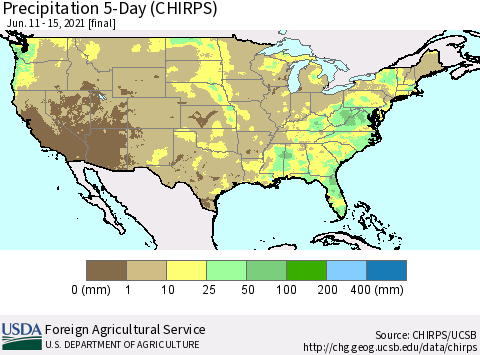 United States Precipitation 5-Day (CHIRPS) Thematic Map For 6/11/2021 - 6/15/2021