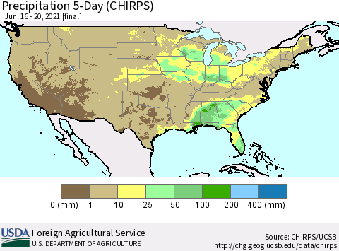 United States Precipitation 5-Day (CHIRPS) Thematic Map For 6/16/2021 - 6/20/2021