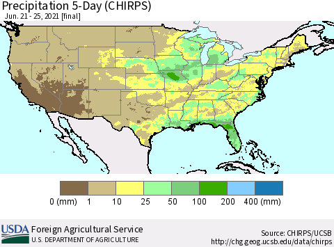 United States Precipitation 5-Day (CHIRPS) Thematic Map For 6/21/2021 - 6/25/2021