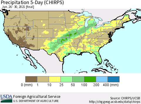 United States Precipitation 5-Day (CHIRPS) Thematic Map For 6/26/2021 - 6/30/2021