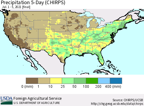 United States Precipitation 5-Day (CHIRPS) Thematic Map For 7/1/2021 - 7/5/2021