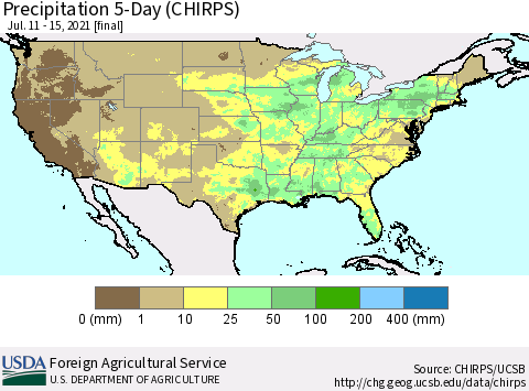 United States Precipitation 5-Day (CHIRPS) Thematic Map For 7/11/2021 - 7/15/2021