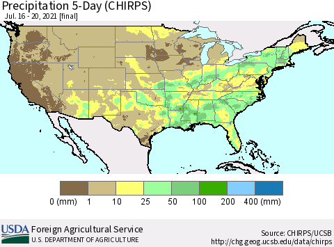 United States Precipitation 5-Day (CHIRPS) Thematic Map For 7/16/2021 - 7/20/2021