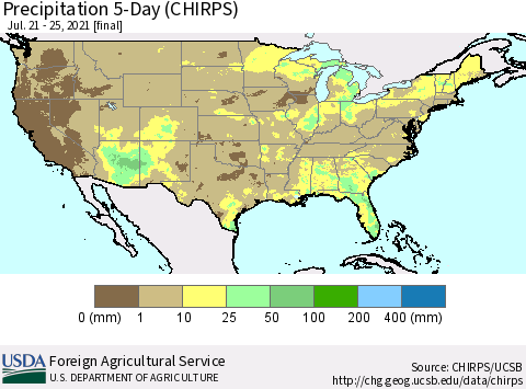 United States Precipitation 5-Day (CHIRPS) Thematic Map For 7/21/2021 - 7/25/2021