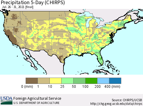 United States Precipitation 5-Day (CHIRPS) Thematic Map For 7/26/2021 - 7/31/2021