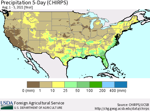 United States Precipitation 5-Day (CHIRPS) Thematic Map For 8/1/2021 - 8/5/2021