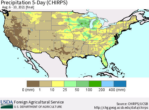 United States Precipitation 5-Day (CHIRPS) Thematic Map For 8/6/2021 - 8/10/2021