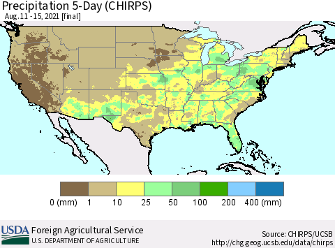 United States Precipitation 5-Day (CHIRPS) Thematic Map For 8/11/2021 - 8/15/2021