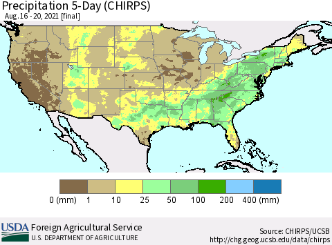 United States Precipitation 5-Day (CHIRPS) Thematic Map For 8/16/2021 - 8/20/2021
