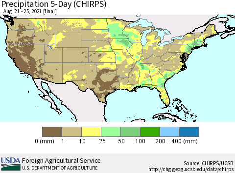 United States Precipitation 5-Day (CHIRPS) Thematic Map For 8/21/2021 - 8/25/2021