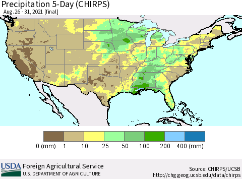 United States Precipitation 5-Day (CHIRPS) Thematic Map For 8/26/2021 - 8/31/2021