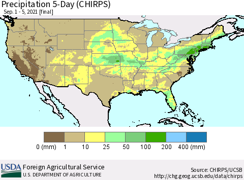 United States Precipitation 5-Day (CHIRPS) Thematic Map For 9/1/2021 - 9/5/2021