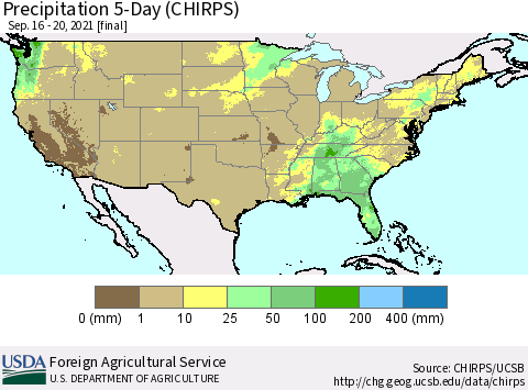 United States Precipitation 5-Day (CHIRPS) Thematic Map For 9/16/2021 - 9/20/2021