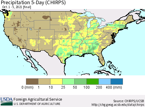 United States Precipitation 5-Day (CHIRPS) Thematic Map For 10/1/2021 - 10/5/2021