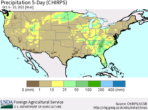 United States Precipitation 5-Day (CHIRPS) Thematic Map For 10/6/2021 - 10/10/2021