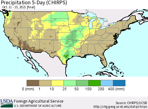 United States Precipitation 5-Day (CHIRPS) Thematic Map For 10/11/2021 - 10/15/2021