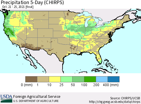 United States Precipitation 5-Day (CHIRPS) Thematic Map For 10/21/2021 - 10/25/2021