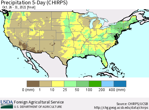 United States Precipitation 5-Day (CHIRPS) Thematic Map For 10/26/2021 - 10/31/2021