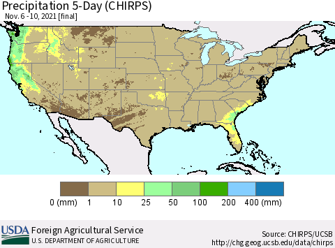 United States Precipitation 5-Day (CHIRPS) Thematic Map For 11/6/2021 - 11/10/2021