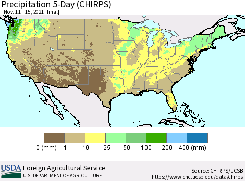 United States Precipitation 5-Day (CHIRPS) Thematic Map For 11/11/2021 - 11/15/2021