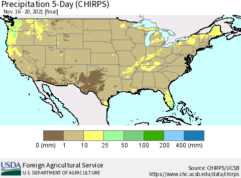 United States Precipitation 5-Day (CHIRPS) Thematic Map For 11/16/2021 - 11/20/2021