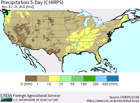 United States Precipitation 5-Day (CHIRPS) Thematic Map For 11/21/2021 - 11/25/2021
