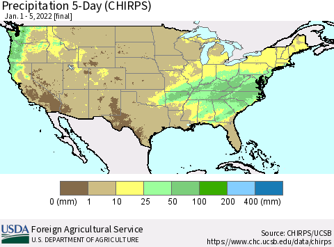 United States Precipitation 5-Day (CHIRPS) Thematic Map For 1/1/2022 - 1/5/2022