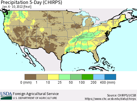 United States Precipitation 5-Day (CHIRPS) Thematic Map For 1/6/2022 - 1/10/2022