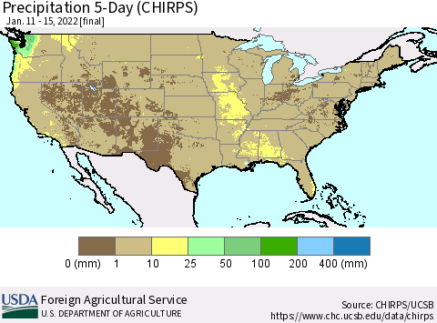 United States Precipitation 5-Day (CHIRPS) Thematic Map For 1/11/2022 - 1/15/2022