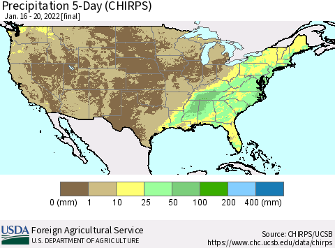 United States Precipitation 5-Day (CHIRPS) Thematic Map For 1/16/2022 - 1/20/2022