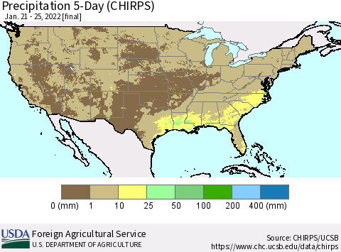 United States Precipitation 5-Day (CHIRPS) Thematic Map For 1/21/2022 - 1/25/2022