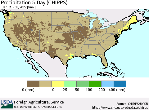 United States Precipitation 5-Day (CHIRPS) Thematic Map For 1/26/2022 - 1/31/2022