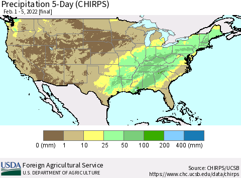 United States Precipitation 5-Day (CHIRPS) Thematic Map For 2/1/2022 - 2/5/2022
