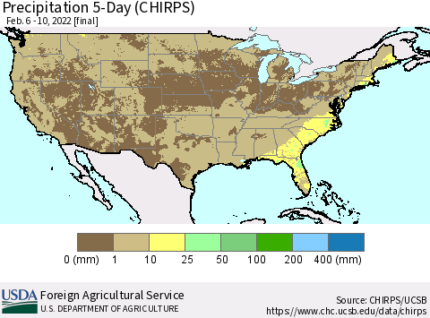 United States Precipitation 5-Day (CHIRPS) Thematic Map For 2/6/2022 - 2/10/2022