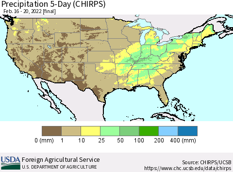 United States Precipitation 5-Day (CHIRPS) Thematic Map For 2/16/2022 - 2/20/2022