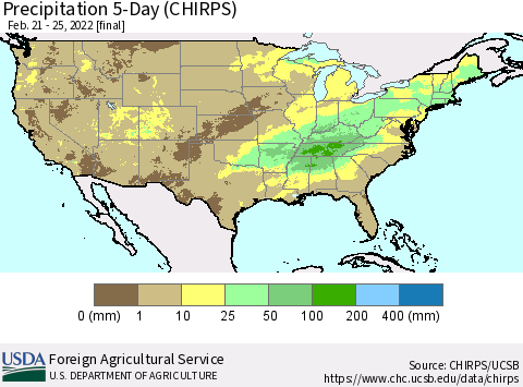 United States Precipitation 5-Day (CHIRPS) Thematic Map For 2/21/2022 - 2/25/2022