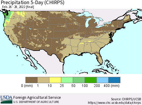 United States Precipitation 5-Day (CHIRPS) Thematic Map For 2/26/2022 - 2/28/2022