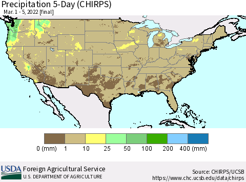 United States Precipitation 5-Day (CHIRPS) Thematic Map For 3/1/2022 - 3/5/2022