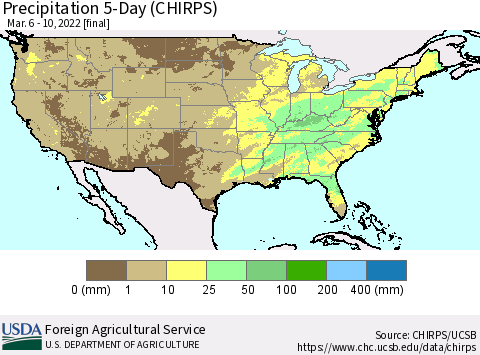 United States Precipitation 5-Day (CHIRPS) Thematic Map For 3/6/2022 - 3/10/2022