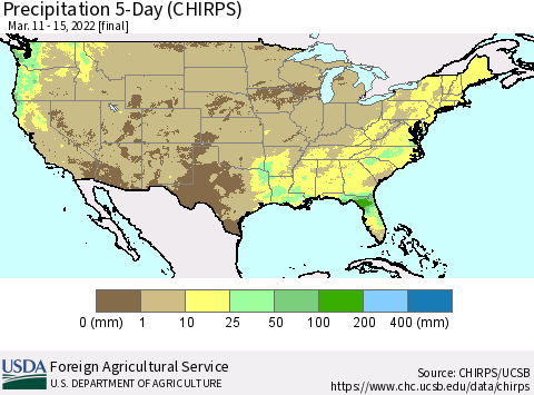United States Precipitation 5-Day (CHIRPS) Thematic Map For 3/11/2022 - 3/15/2022