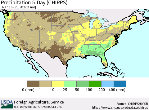United States Precipitation 5-Day (CHIRPS) Thematic Map For 3/16/2022 - 3/20/2022