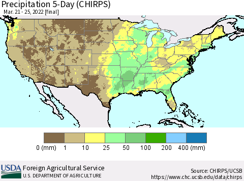 United States Precipitation 5-Day (CHIRPS) Thematic Map For 3/21/2022 - 3/25/2022