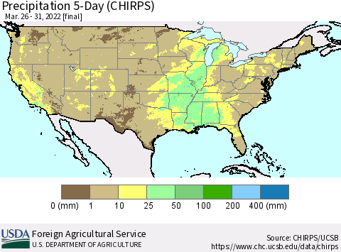 United States Precipitation 5-Day (CHIRPS) Thematic Map For 3/26/2022 - 3/31/2022