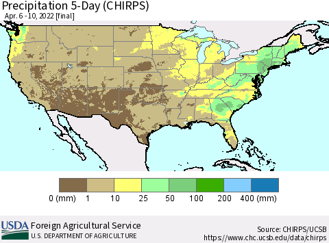 United States Precipitation 5-Day (CHIRPS) Thematic Map For 4/6/2022 - 4/10/2022