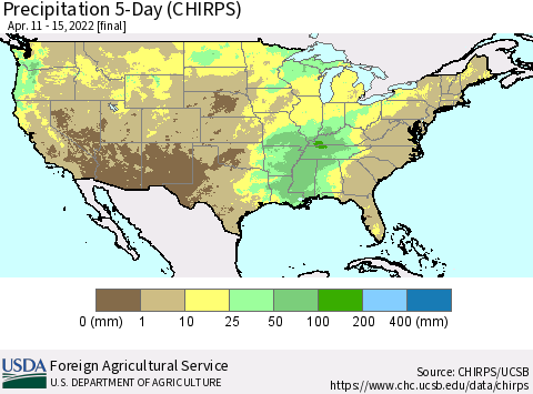 United States Precipitation 5-Day (CHIRPS) Thematic Map For 4/11/2022 - 4/15/2022