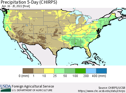 United States Precipitation 5-Day (CHIRPS) Thematic Map For 4/16/2022 - 4/20/2022