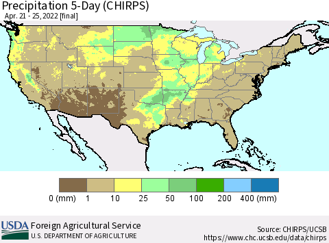 United States Precipitation 5-Day (CHIRPS) Thematic Map For 4/21/2022 - 4/25/2022