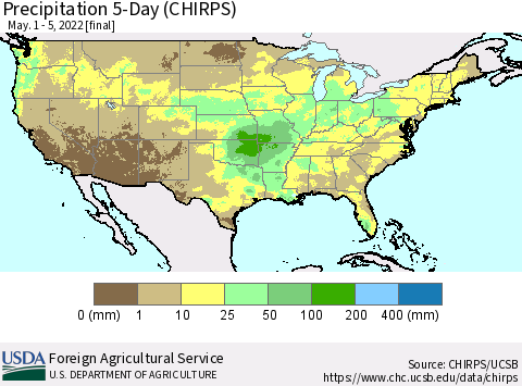 United States Precipitation 5-Day (CHIRPS) Thematic Map For 5/1/2022 - 5/5/2022