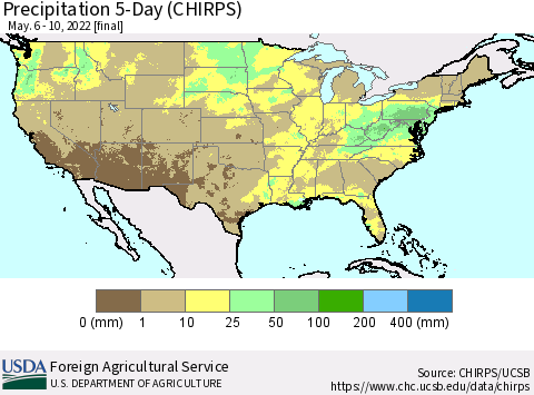 United States Precipitation 5-Day (CHIRPS) Thematic Map For 5/6/2022 - 5/10/2022