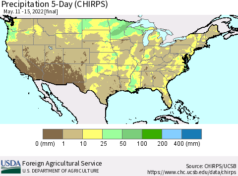 United States Precipitation 5-Day (CHIRPS) Thematic Map For 5/11/2022 - 5/15/2022